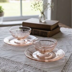 Vintage-Style Pink Glass Dessert Bowls with Saucers - Set of 2